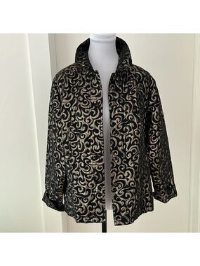 CHICO’S Button Front Collar Black Gold Metallic Jacket Lightweight Event Party